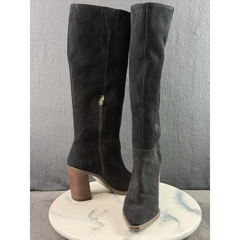 Vince Camuto Wendy Knee Boots Black Suede Leather Block Heel Pointed Toe Sz 9.5 - Picture 2 of 16